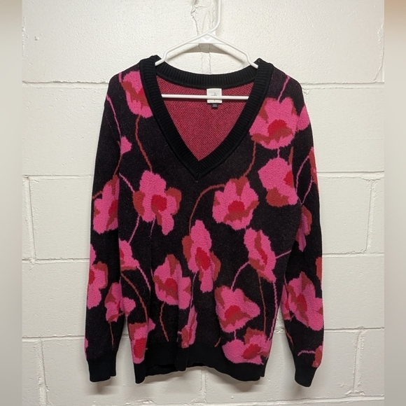 CABI (Small) Rococo Floral V-Neck Sweater Pink Black Floral Valentine's Day 4102 - Picture 2 of 6
